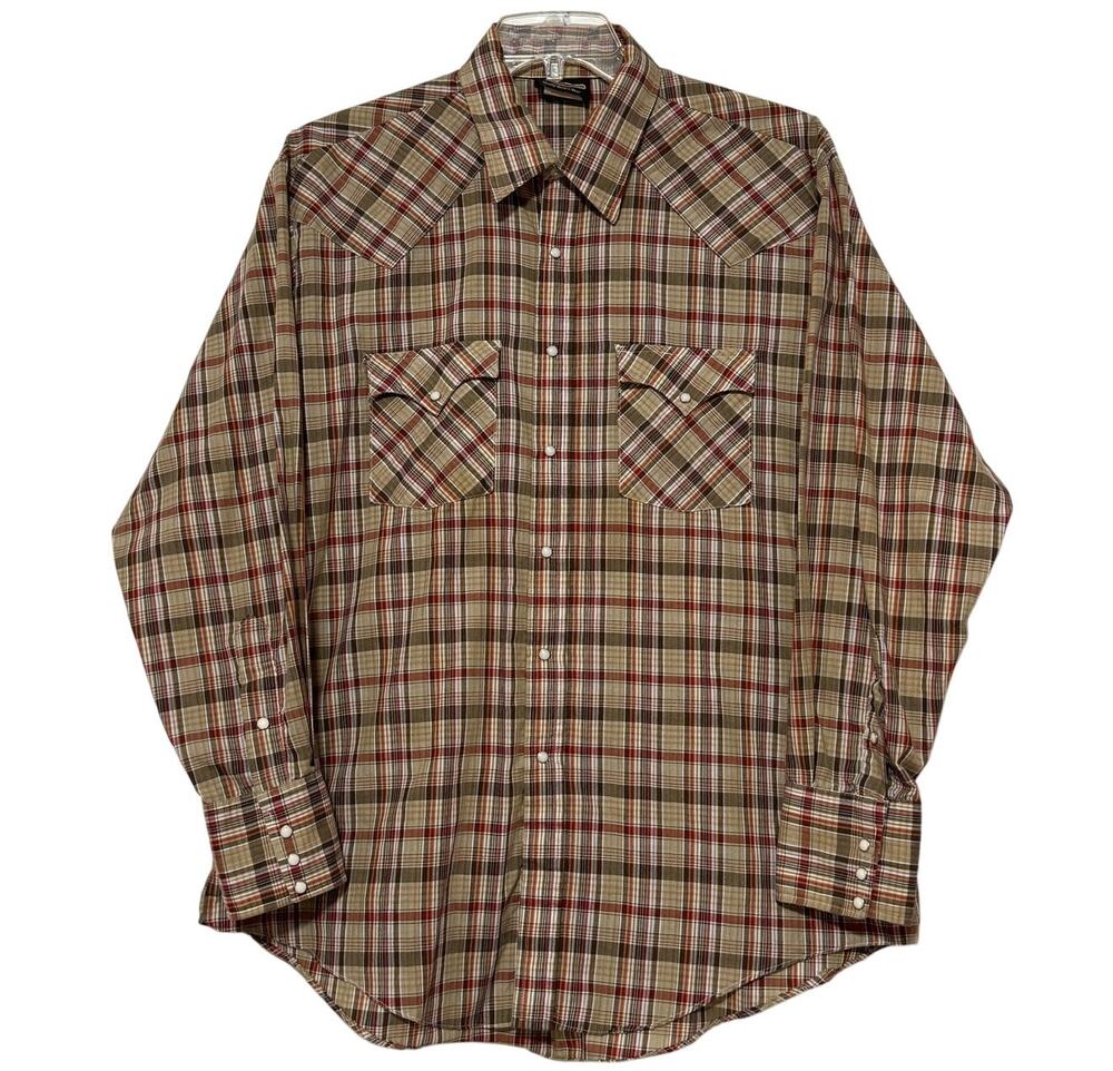 Men's Vintage Holt Western Wear Plaid Long Sleeve Shirt with Pearl Snaps, XL